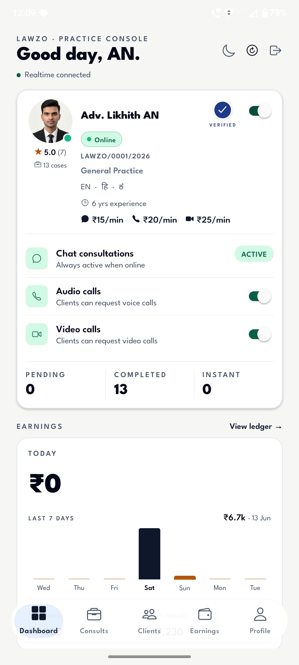 LAWZO lawyer practice console — real-time availability toggles, consultation stats, and earnings at a glance.